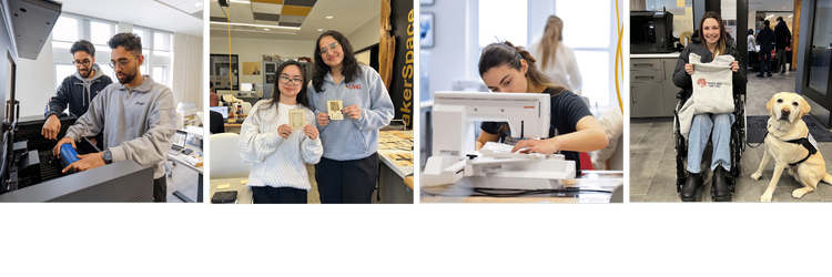 a series of photos of students in the MakerSpace