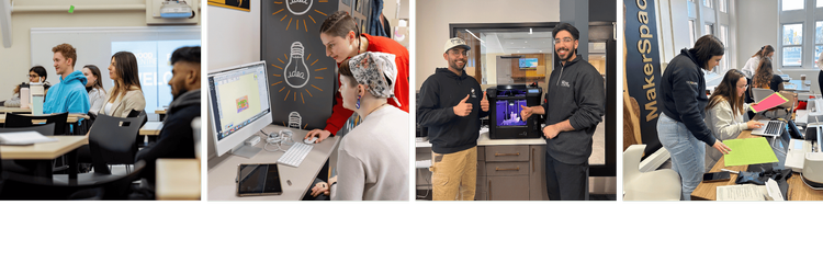 a series of photos of students in the MakerSpace