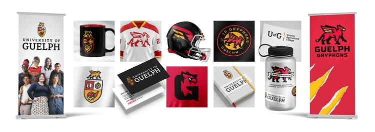 A collection of mockup designs featuring the University of Guelph and Guelph Gryphons’ evolved logos, including a mug, football helmet, hockey jersey, notebook, water bottle, business card, and pop-up banners.