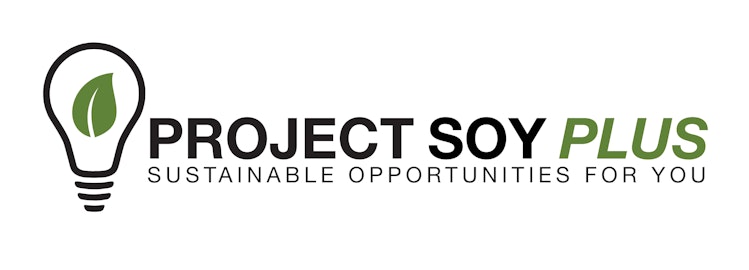 Logo for "Project Soy Plus" with a light bulb symbol containing a green leaf inside. The tagline reads "Sustainable Opportunities For You" positioned below the main logo text.
