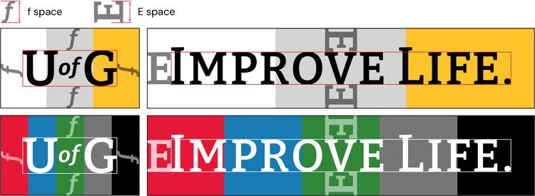 The “U of G” lettermark and “Improve Life” wordmark in both black and white variations with designated clear space highlighted.