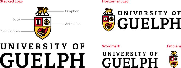 University of Guelph primary logos, including a stacked logo, horizontal logo, wordmark, and emblem. The emblem is made up of a gryphon, book, astrolabe, and cornucopia.