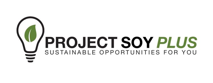 Logo for "Project Soy Plus" with a light bulb symbol containing a green leaf inside. The tagline reads "Sustainable Opportunities For You" positioned below the main logo text.