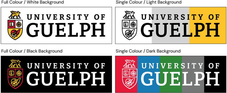The University of Guelph horizontal logo in each of its available colour combinations.