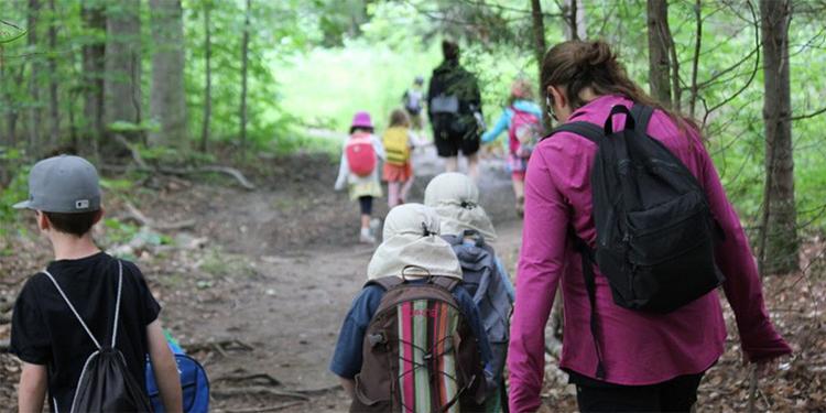 Young children walking down a forest path as part of the outdoor learning program.