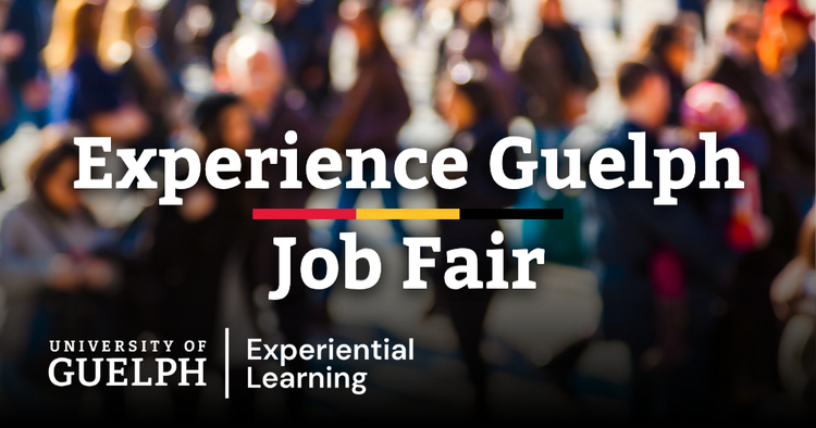 Text -Experience Guelph Job Fair with blurred background photo of job fair attendees