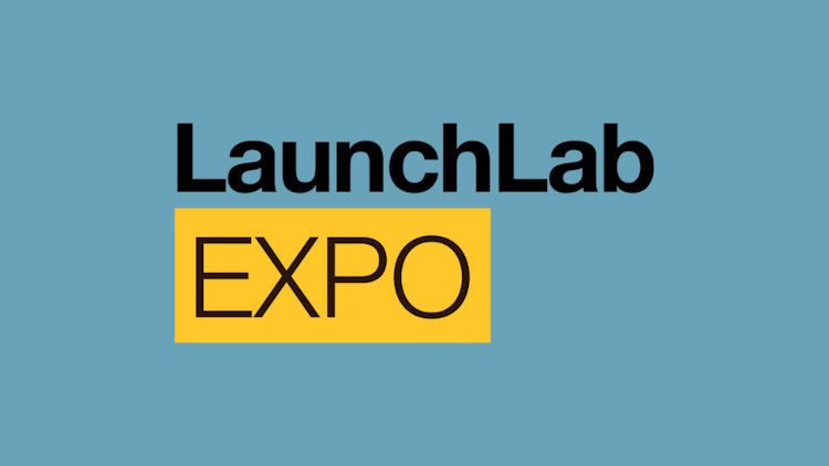 Blue background with a black and yellow logo with text that reads' LaunchLab Expo'