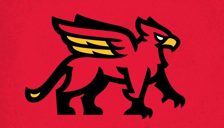 Front side of business card template highlighting the Guelph Gryphon horizontal logo over a red textured background.