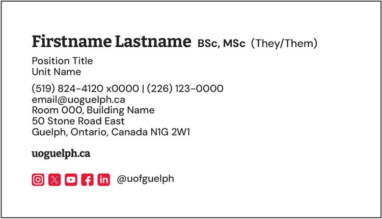 Back side of business card template highlighting key information, including name, pronouns, title, unit name, phone number, email, address, website, and social media information.
