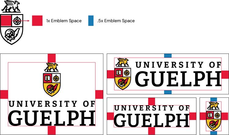 All University of Guelph primary assets with their designated clear space highlighted.