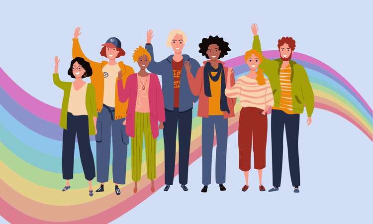 a graphic of a group of diverse people standing in front of a rainbow