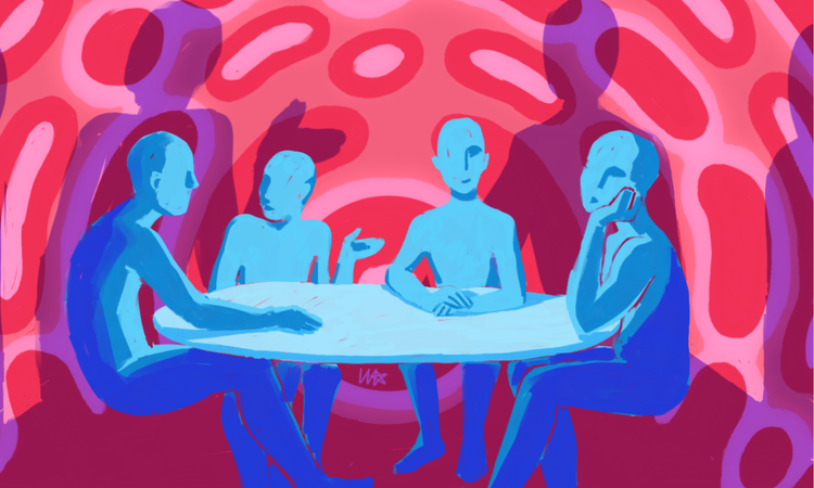 trans and gender diverse social canva graphic, blue people pink and purple background