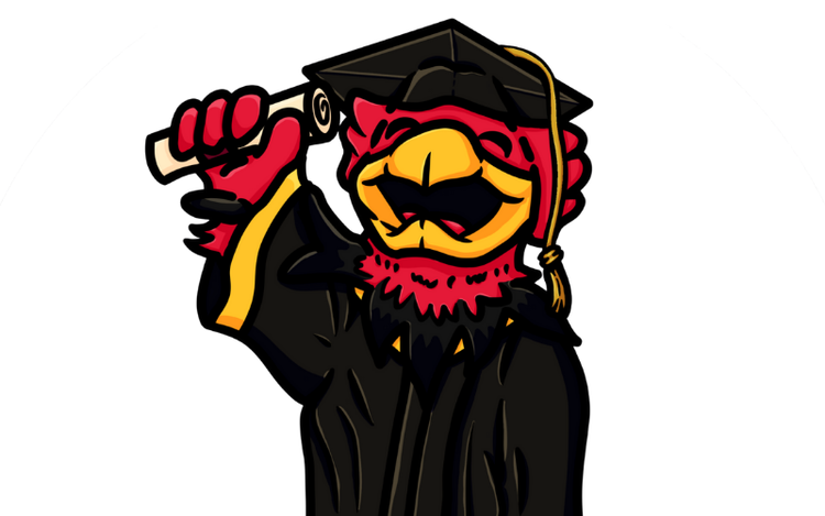 Illustration of the Gryphon mascot graduating in a gown and holding a degree