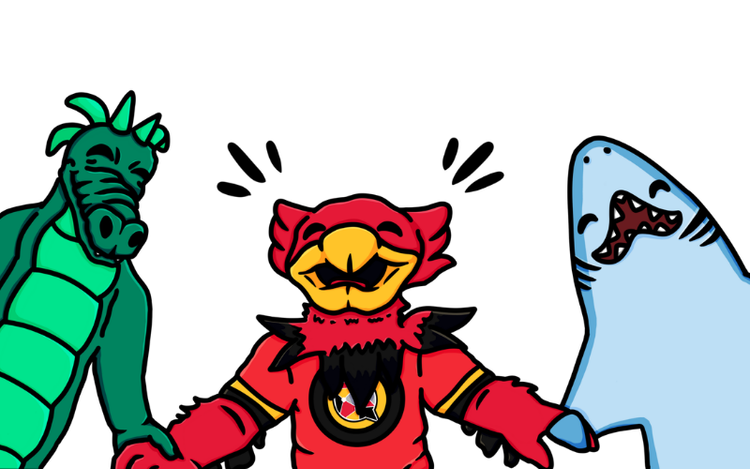 Illustration of Gryphon mascot holding hands with a dragon and a shark