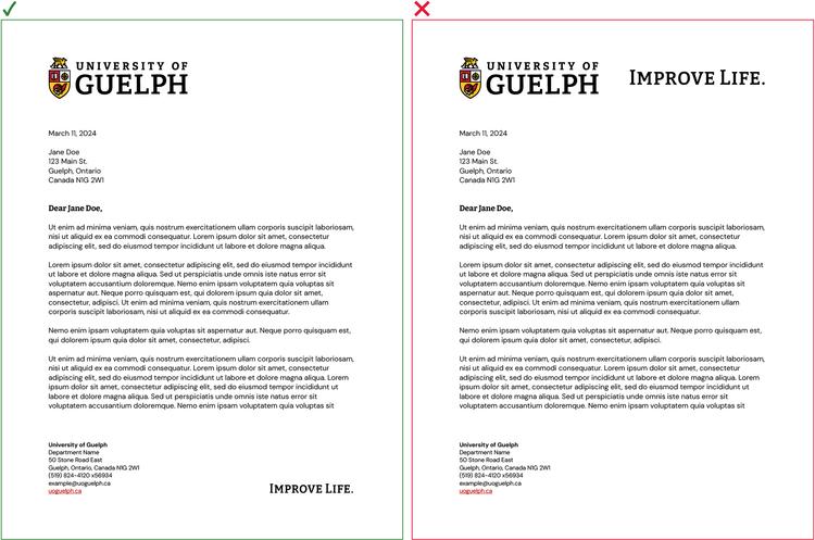 Two University of Guelph letterhead templates. One uses secondary assets correctly, while the other has a cluttered design due to improper use.
