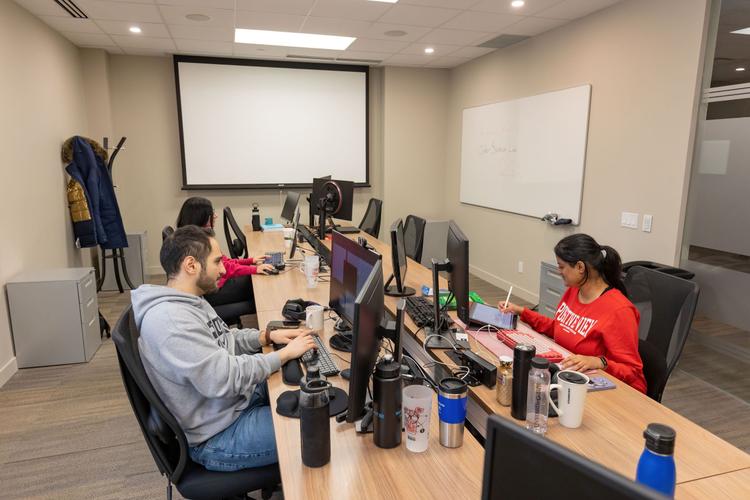 Students sit in the PhD lab at MCTI