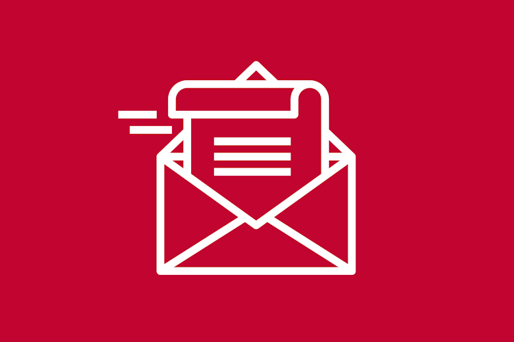 White icon of envelope with paper coming out on red background