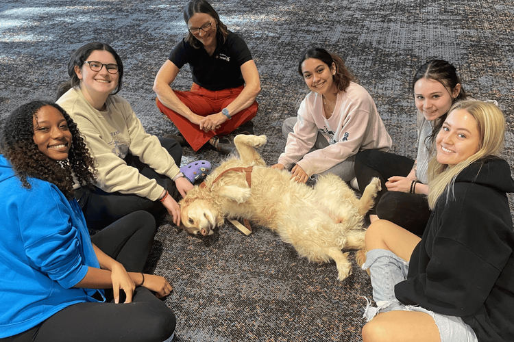 Group of students with a dog at a Take a Paws Event