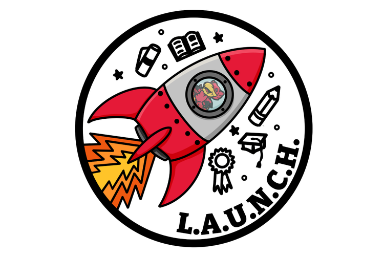 LAUNCH Logo - Gryphon mascot in rocket ship