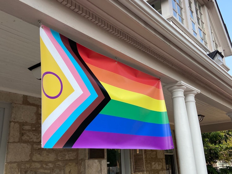 Pride flag on Raithby Porch