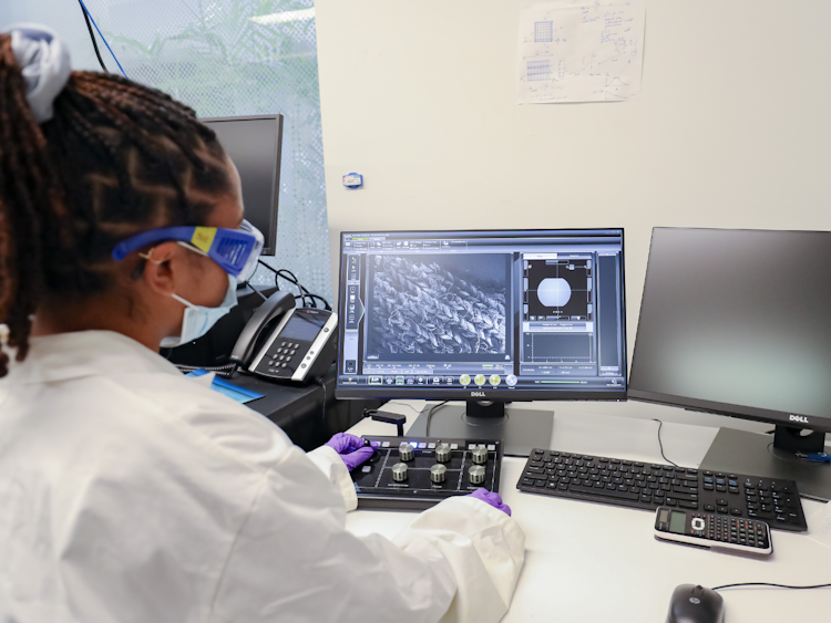person in lab viewing microscopic image on computer screen