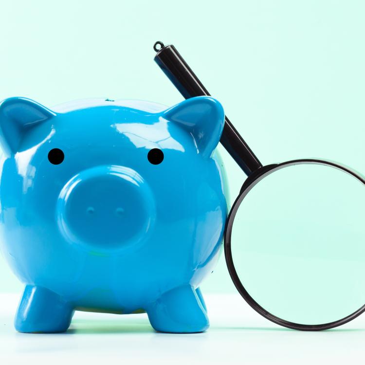 A blue piggy bank with a magnifying glass leaning against it.