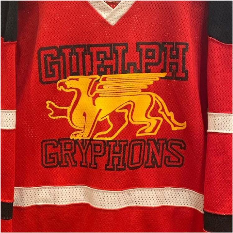 The original Guelph Gryphon logo as seen on a vintage hockey jersey.