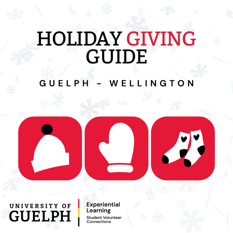 Text - Holiday Giving Guide with icons of winter themed symbols, and U of G logos