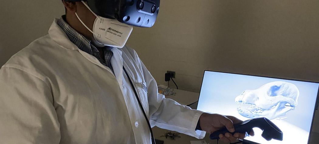 OVC professor Dr. Pavneesh Madan tries out the virtual reality technology for teaching veterinary anatomy.