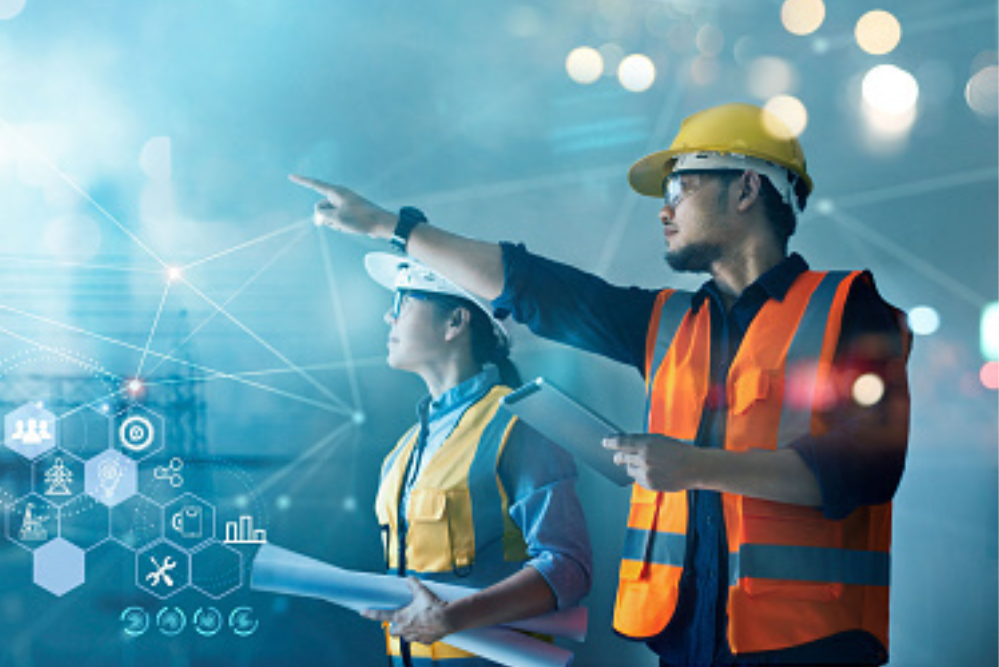 Construction Workers with AI graphics around them