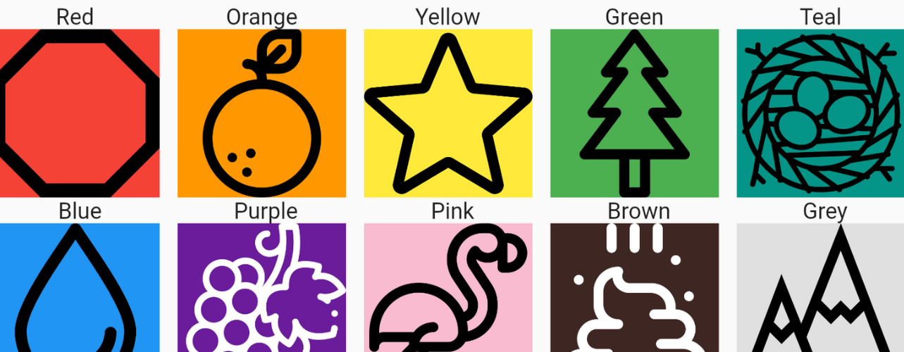 ColourIconizer is the first pattern developed for the research and uses detailed patterns that provide a direct analogy for the colour they represent. For example, as seen in the image in a series of colour blocks with icons (from top left), red is represented by a stop sign. Orange is represented by the corresponding fruit (an orange). The colour yellow is represented by a star, green by a pine tree, and teal by bird eggs in their nest. Blue is represented by a water droplet, purple by a bunch of grapes and pink by a flamingo. The brown is stool and the grey is snowy mountains.