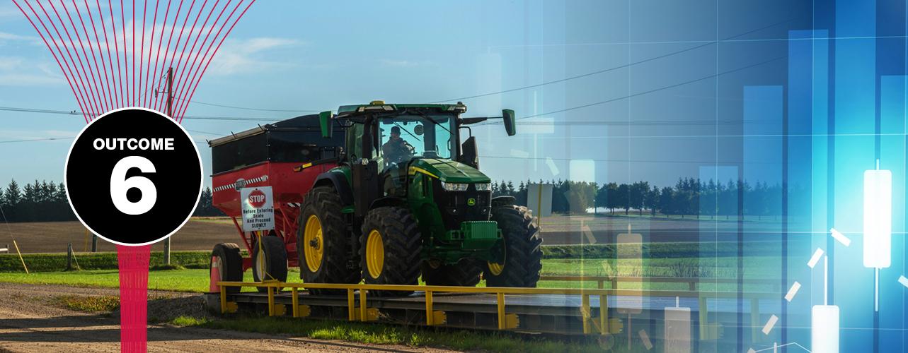 Outdoors, a farm tractor towing a trailer enters a ramp leading to a scale. An overlay on the photo shows a graph, reflecting the integration of data into farm practices.