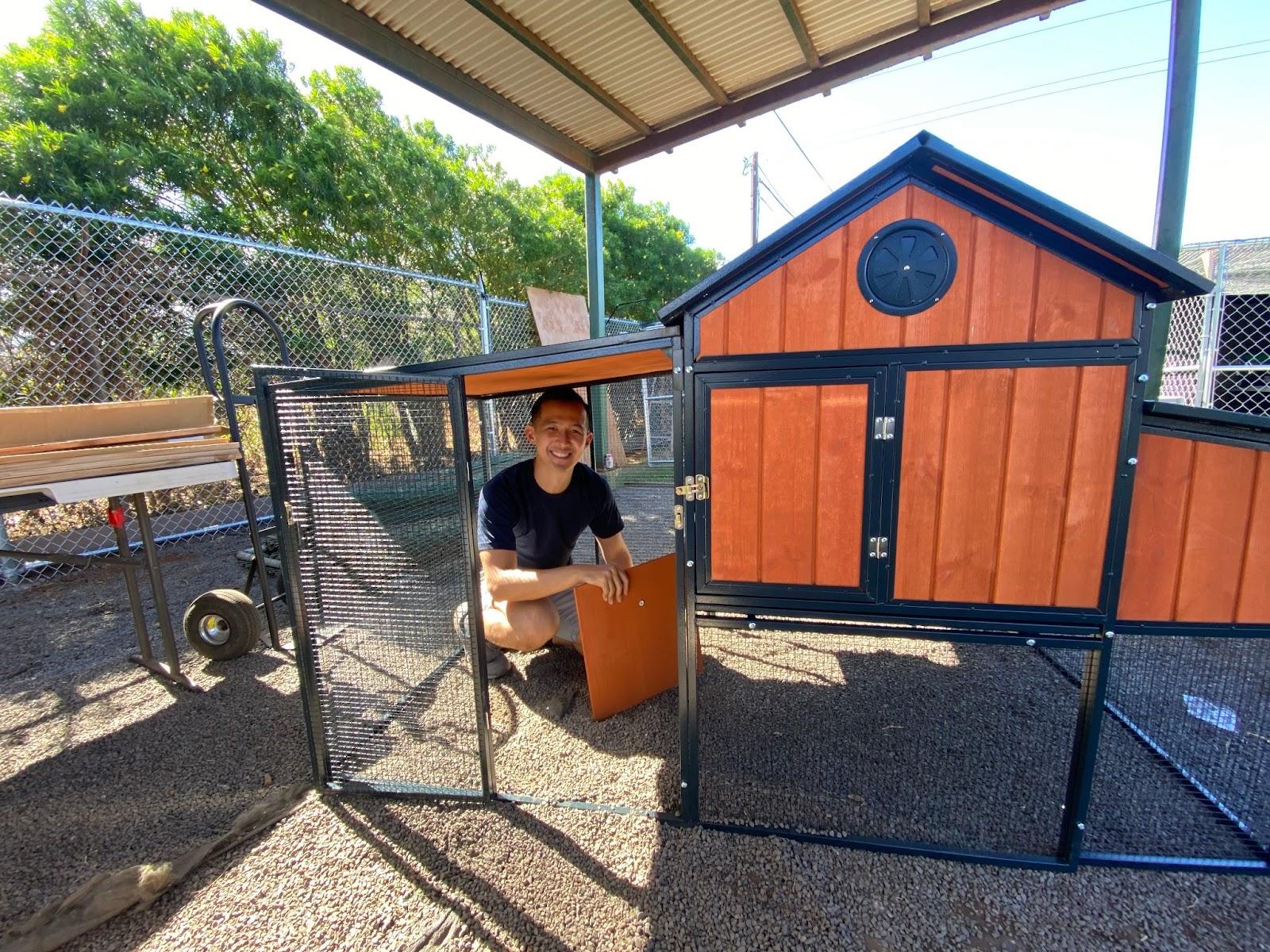 Dr. Wesley Cheung, pictured amongst some of the outdoor cat enclosures and Cattios used to house displaced cats in Hawaii.