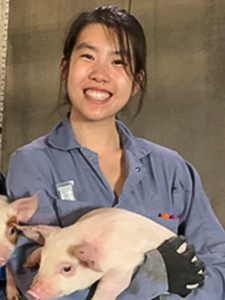 OVC student Jenny (Yuan) Lin holding a piglet