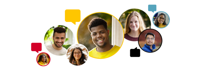 Student faces in bubbles with chat icons