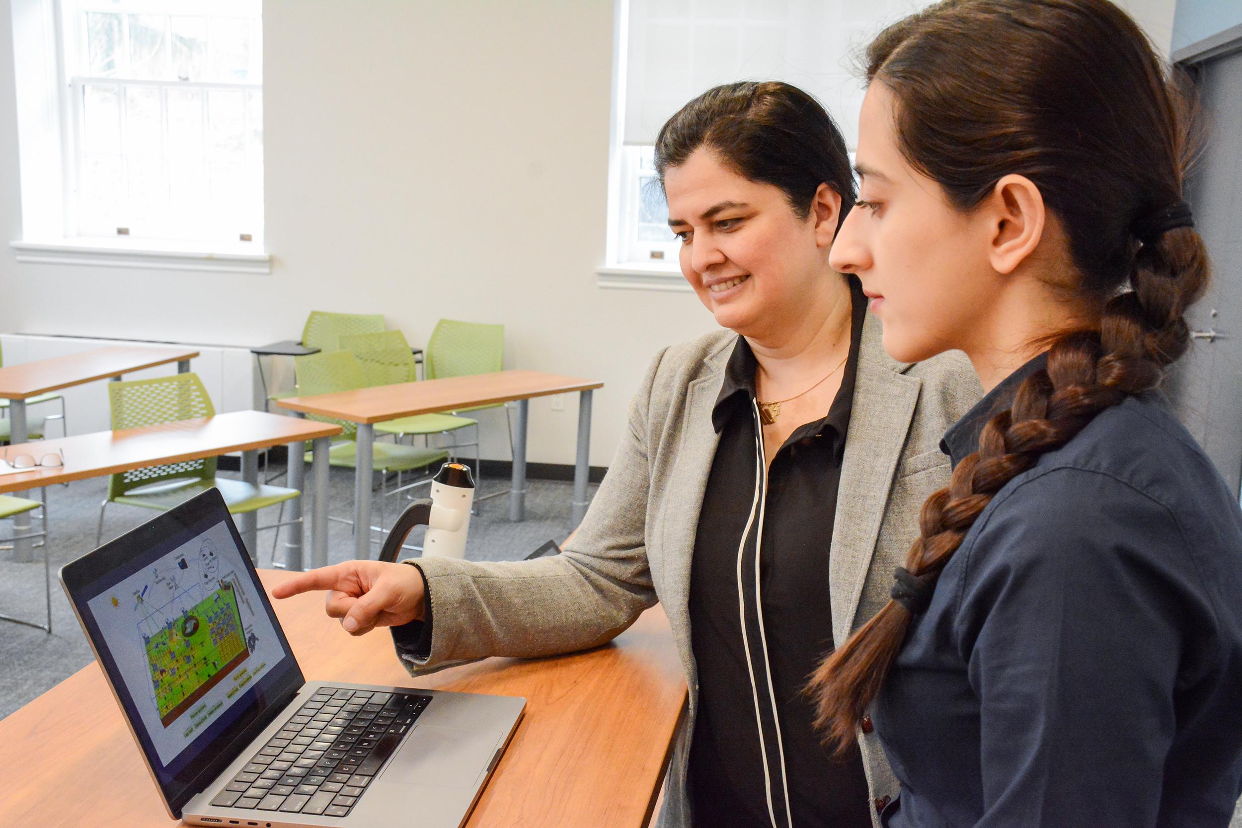Dr. Rozita Dara and a student work on a problem in front of a laptop