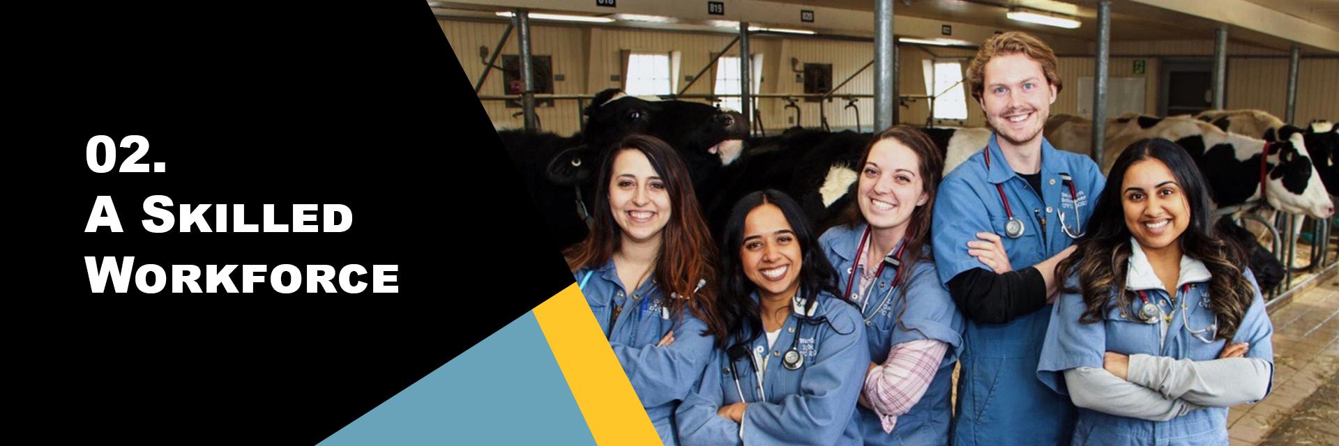 Group of five veterinarian students in blue uniforms smiling, standing in a barn with cows. The image includes a label '01. SKILLED WORKFORCE' in the upper left corner with a yellow and black design element.