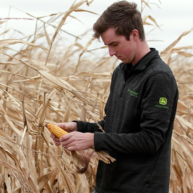 landyn bowen in a field, inspecting corn