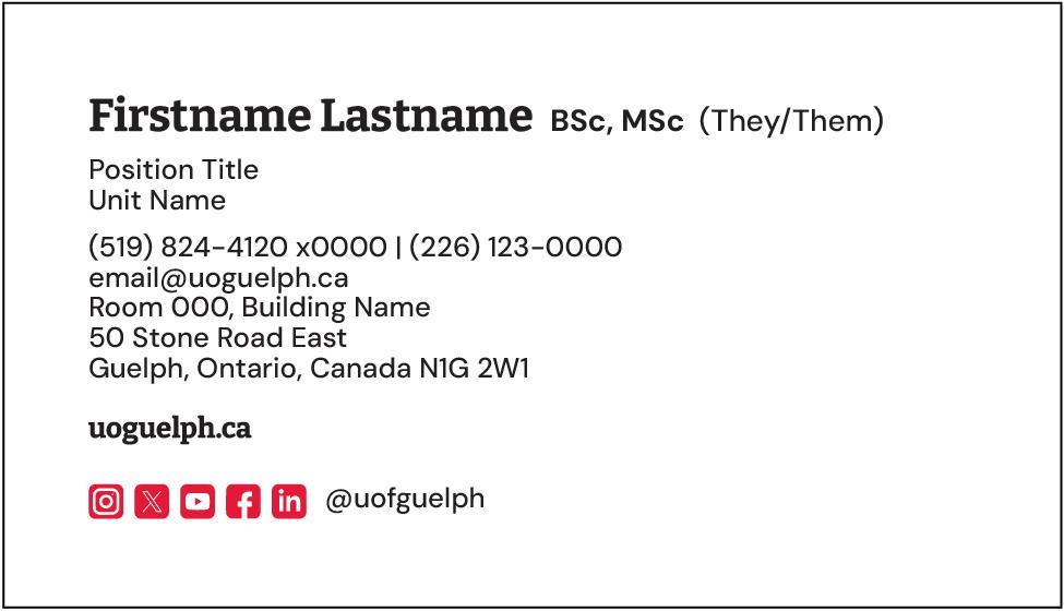 Back side of business card template highlighting key information, including name, pronouns, title, unit name, phone number, email, address, website, and social media information.