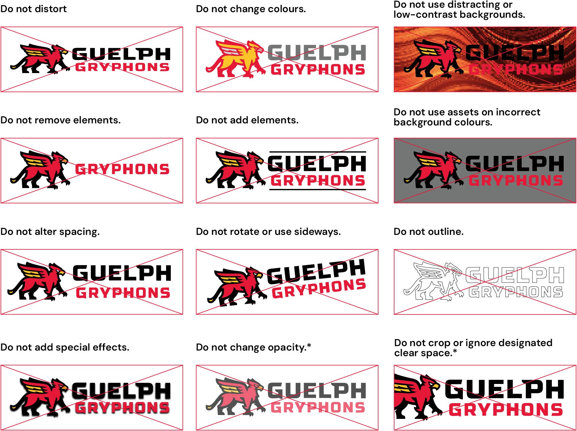 Examples of incorrect ways to use brand assets.