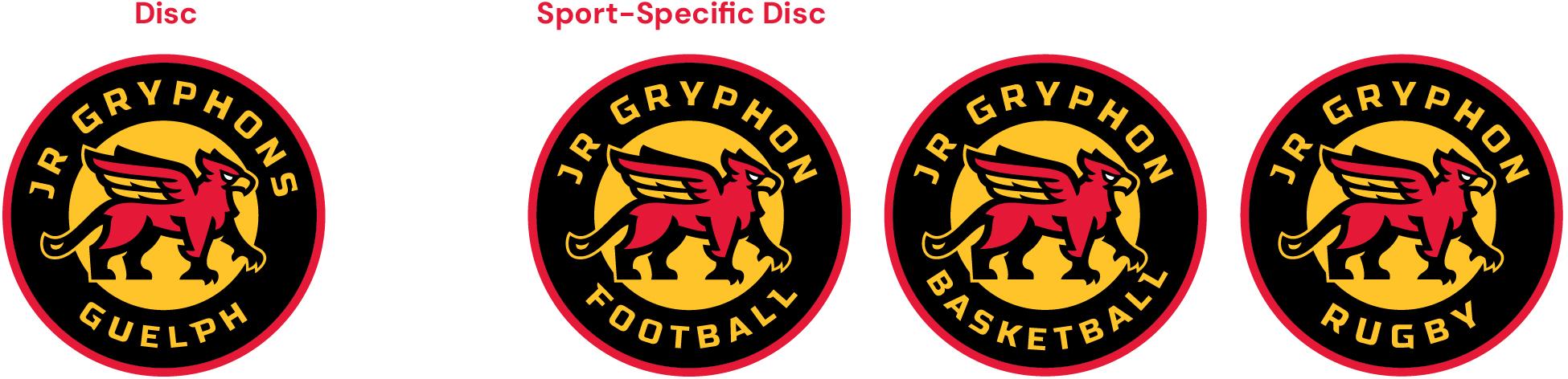Guelph Junior Gryphon logos, including a disc and sport-specific discs.