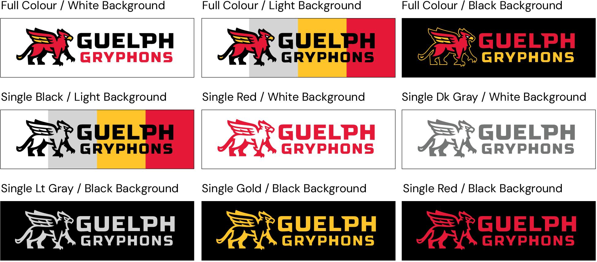 The Guelph Gryphons horizontal logo in each of its available colour combinations.
