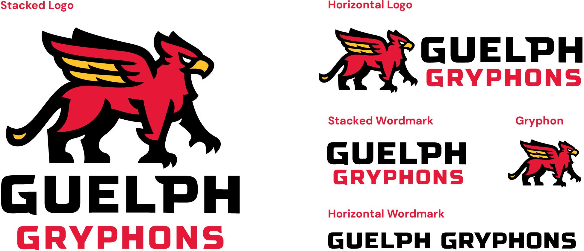 Guelph Gryphon primary logos, including a stacked logo, horizontal logo, stacked wordmark, horizontal wordmark and gryphon.