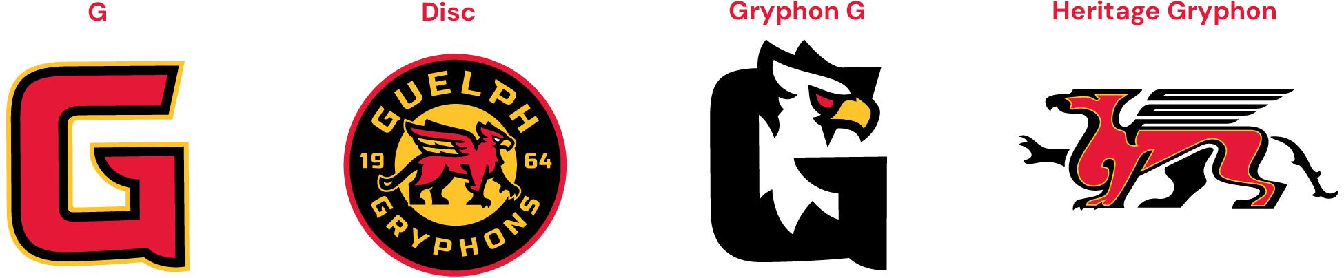 Guelph Gryphon secondary logos, including the G, disc, gryphon G, and heritage gryphon.