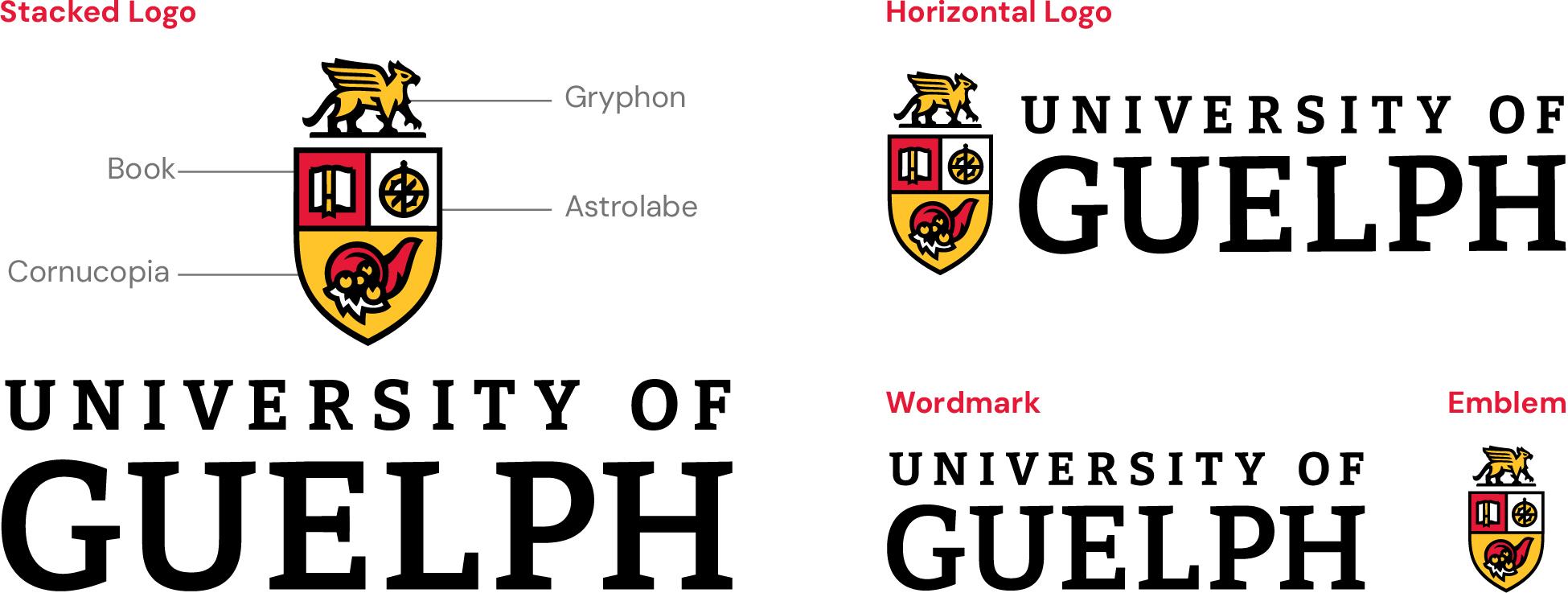 University of Guelph primary logos, including a stacked logo, horizontal logo, wordmark, and emblem. The emblem is made up of a gryphon, book, astrolabe, and cornucopia.