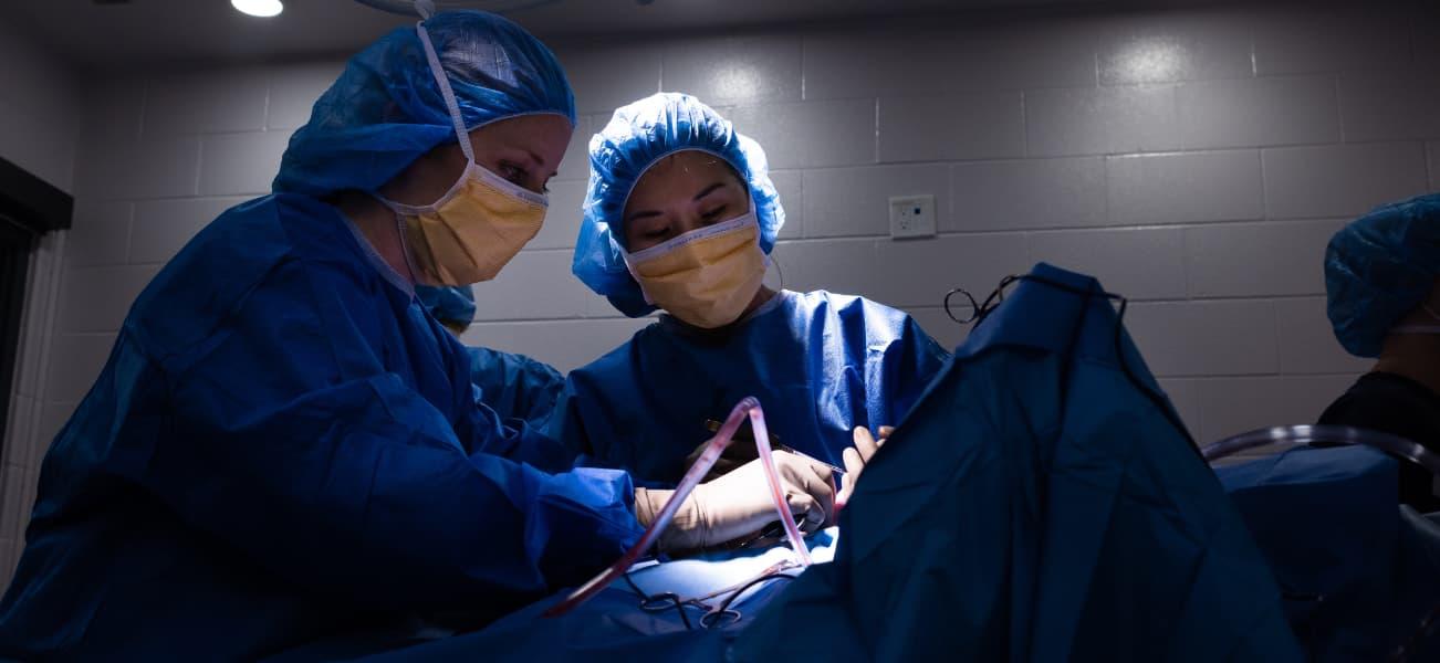Two surgeons wearing caps, masks, glasses and blue surgical gowns in an operating room