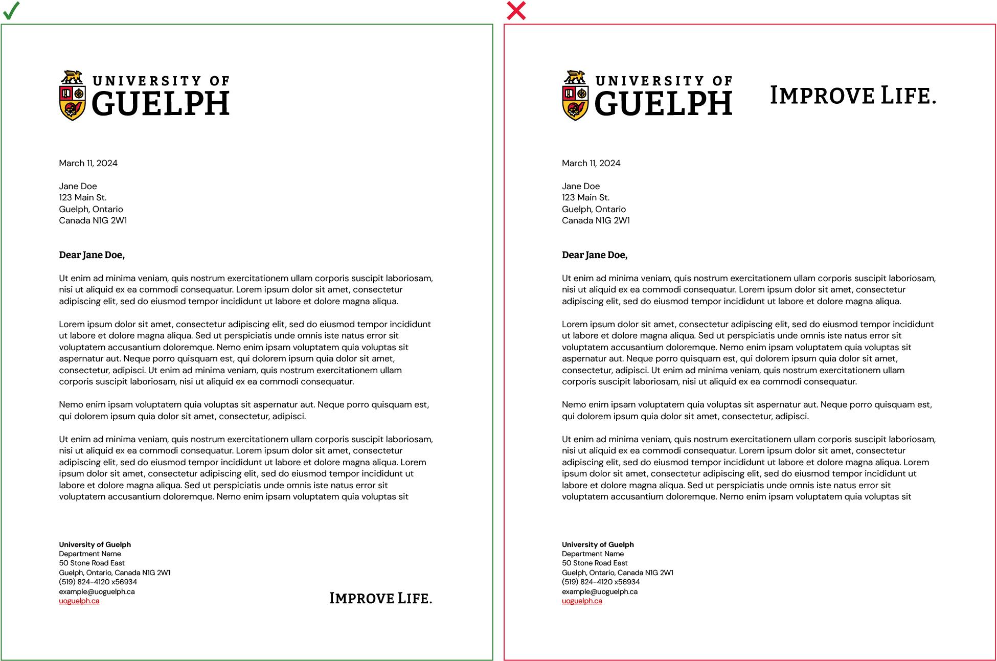 Two University of Guelph letterhead templates. One uses secondary assets correctly, while the other has a cluttered design due to improper use.