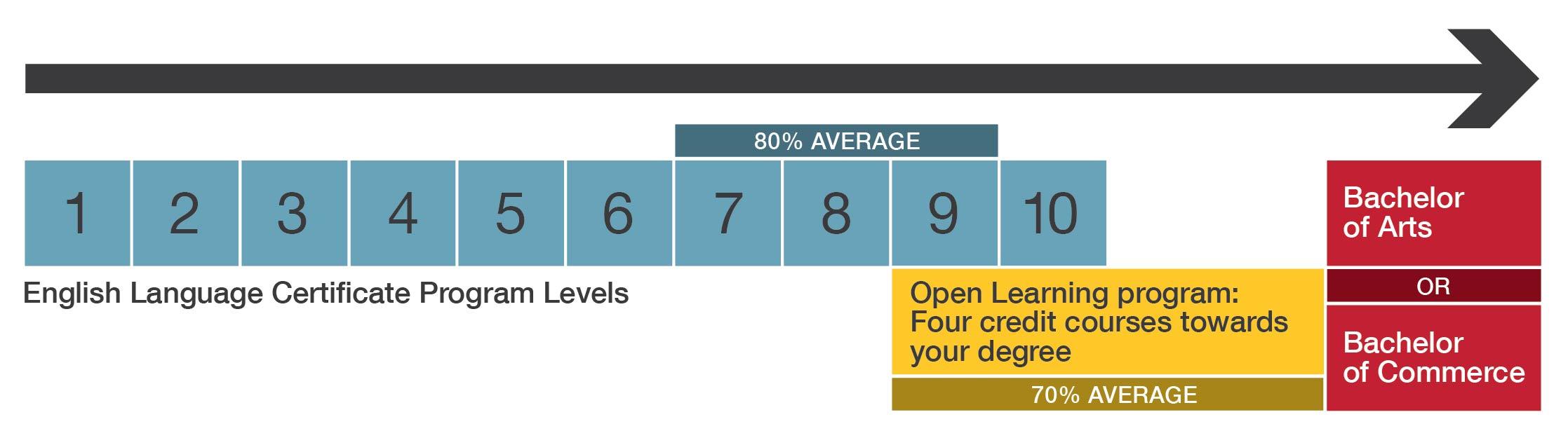 Diagram of English language levels leading to the guaranteed admission pathway.