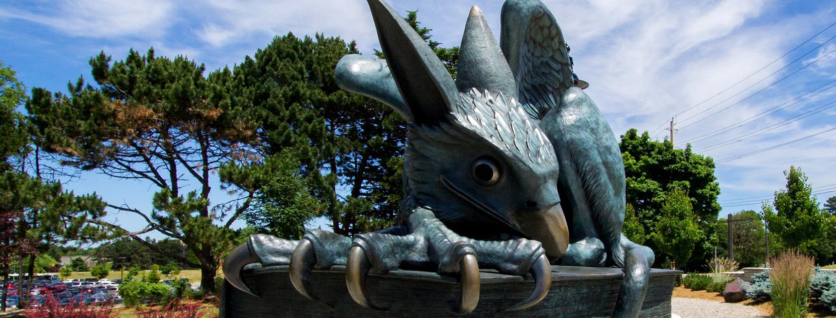 The Gryphon statue on campus.