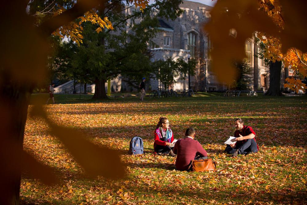 Three students sitting on grass in the fall.